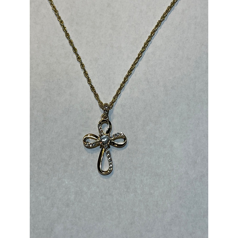 Gold Tone Infinity Cross Pendant Necklace Clear Rhinestone Accents Rope Chain